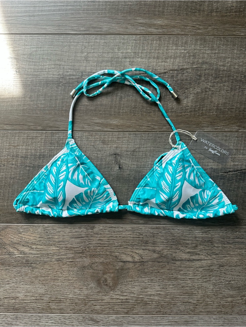 Kenny Flowers Turquoise & White Leaf Print Triangle Bikini Top